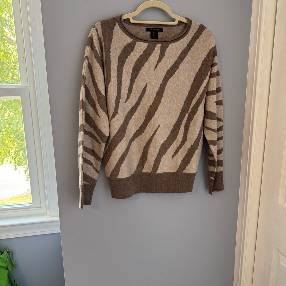 Tahari Brown And Tan Zebra Stripe Wool blend Sweater